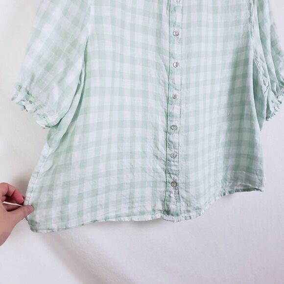 Cottagecore Gingham 100% Linen Top Womens XL Puff Sleeve Pastel Farm Mint Green - Picture 3 of 7